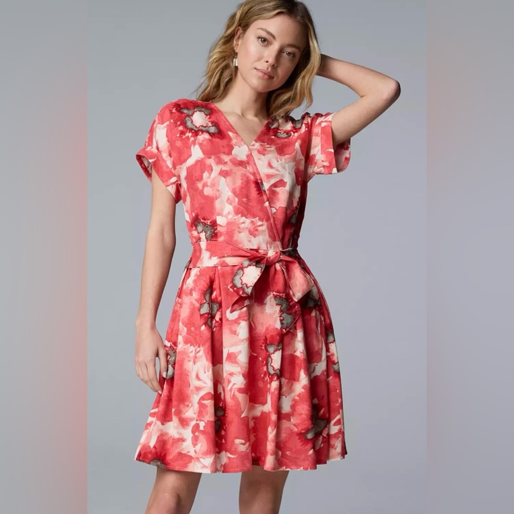 Simply Vera Vera Wang Red and Cream Floral Wrap Dress